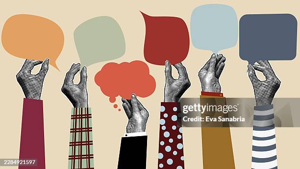 different hands in halftone assembling a bubble speech - idea sharing stock illustrations