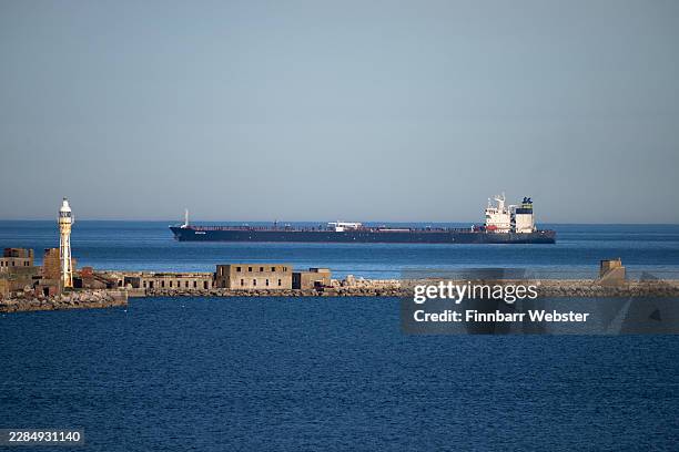 The oil tanker Smyrtos continues to sit outside Portland harbour, on July 06, 2026 in Portland, United Kingdom. The oil tanker operated as part of...