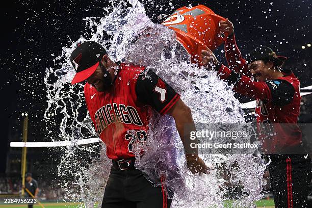 Tristan Peters of the Chicago White Sox is dunked after hitting for the cycle against the Athletics at Rate Field on July 10, 2026 in Chicago,...