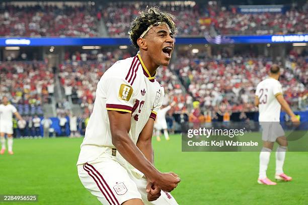 Lamine Yamal of Spain celebrates during the FIFA World Cup 2026 Round Of 16 match between Portugal and Spain at Dallas Stadium on July 06, 2026 in...