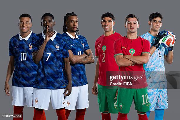 In this photo illustration, Kylian Mbappe, Ousmane Dembele and Michael Olise of France and Achraf Hakimi, Brahim Diaz and Yassine Bounou of Morocco...