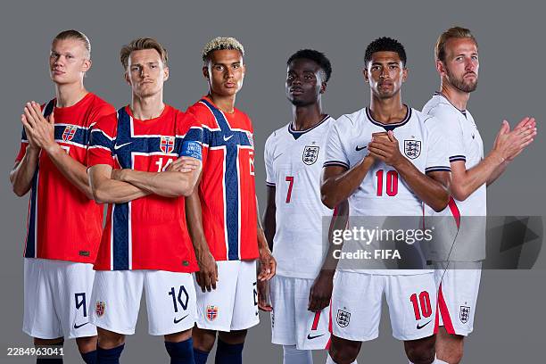 In this photo illustration, Erling Haaland, Martin Odegaard and Antonio Nusa of Norway and Bukayo Saka, Jude Bellingham and Harry Kane of England...