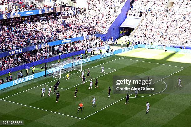 Charles De Ketelaere of Belgium scores his team's first goal during the FIFA World Cup 2026 Round of 16 match between USA and Belgium at Seattle...