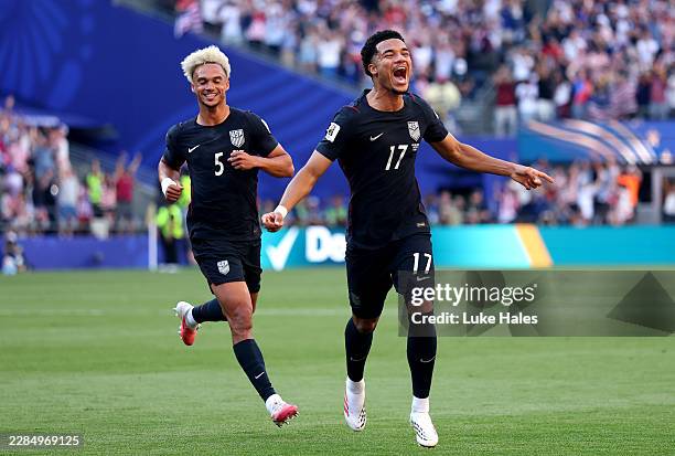 Malik Tillman of the United States celebrates scoring his team's first goal during the FIFA World Cup 2026 Round of 16 match between USA and Belgium...