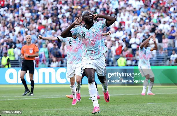 Romelu Lukaku of Belgium celebrates scoring his team's fourth goal during the FIFA World Cup 2026 Round of 16 match between USA and Belgium at...