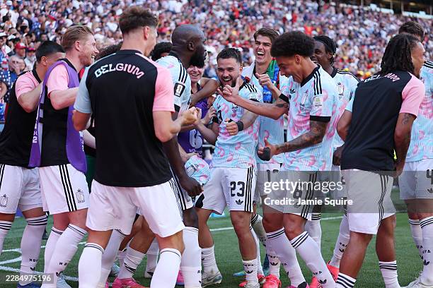 Romelu Lukaku of Belgium celebrates with teammates after scoring the team's fourth goal during the FIFA World Cup 2026 Round of 16 match between USA...