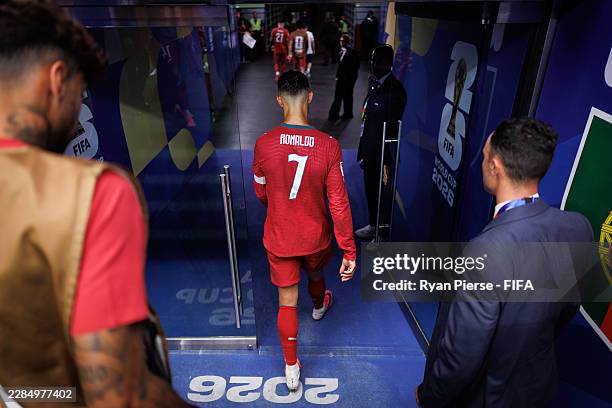 Cristiano Ronaldo of Portugal walks back to the dressing room after the team's 0-1 defeat in the FIFA World Cup 2026 Round of 16 match between...