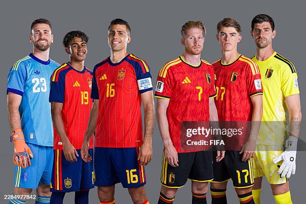 In this photo illustration, Unai Simon, Lamine Yamal and Rodri of Spain and Kevin De Bruyne, Charles De Ketelaere and Thibaut Courtois of Belgium...