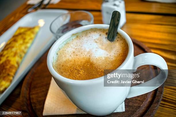 cup of coffee with milk and omelet. latte. american breakfast. - egg white omelet stock pictures, royalty-free photos & images