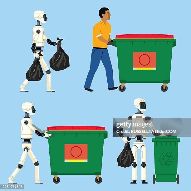 human and ai robot collaborating in waste collection and recycling - skip bin stock illustrations