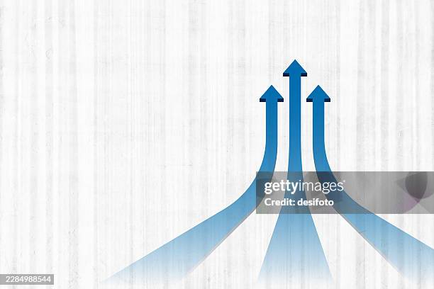 three upward blue colored three dimensional 3d taking off up arrows for increasing profits, business growth, sales, progress, development cooperation mergers acquisition over blank horizontal vector light gray white striped textured background - merging sign stock illustrations