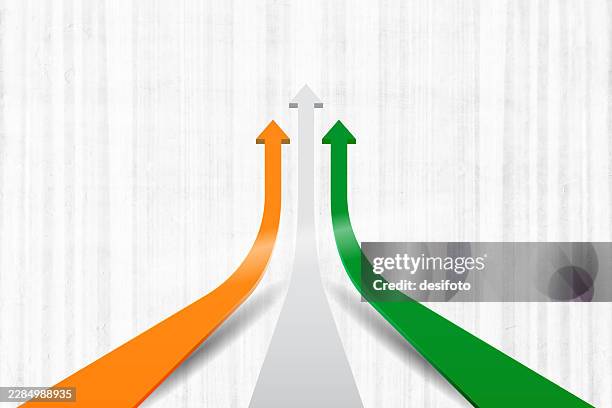 three upward orange white green colored shiny three dimensional 3d taking off up arrows in indian national flag for business growth, sales, progress, development over blank gray striped vector background for independence day republic day posters banners - up arrow stock illustrations