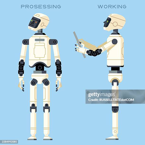 humanoid robot processing industrial data and manufacturing tasks - robot typing stock illustrations