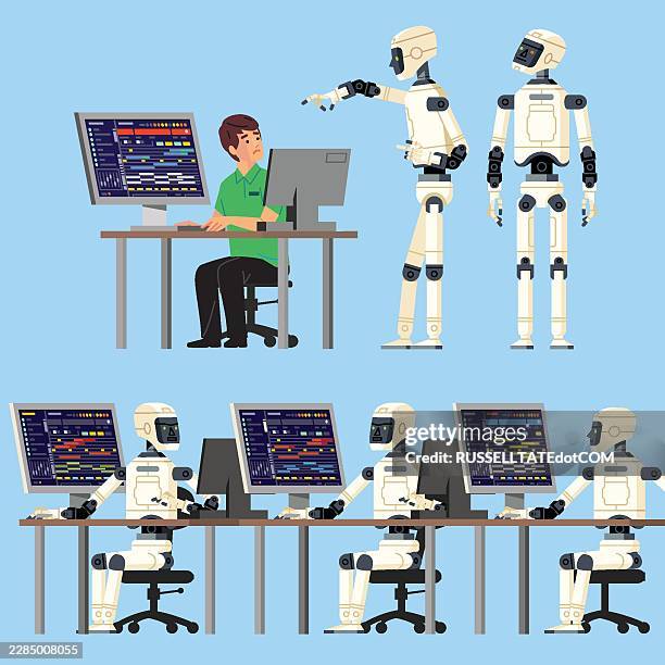 ai robot replacing human office worker at computer workstation - job ad computer stock illustrations