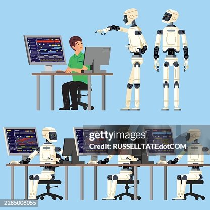 AI robot replacing human office worker at computer workstation AI robot replacing human office worker at computer workstation