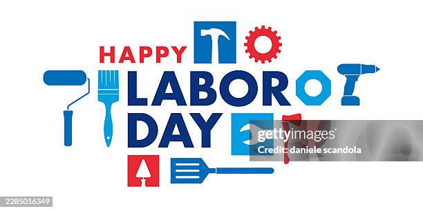 happy labor day typography with tools on white background - facebook status stock illustrations