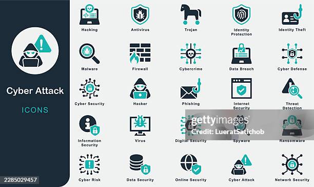 cyber attack solid icons collection.containing cyberattack, cybercrime, hacking, hacker, malware, phishing, ransomware, virus, spyware, firewall, breach, data, identity, network, information, defense - vulnerability stock illustrations