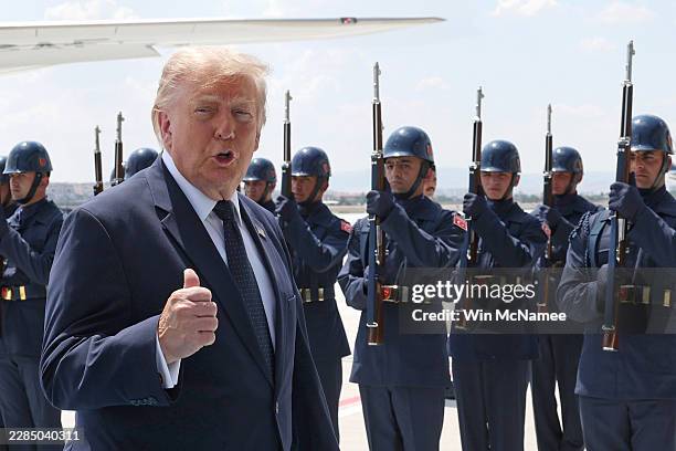 President, Donald Trump, gestures as he arrives at Etimesgut Air Base for the annual NATO Summit on July 7, 2026 in Ankara, Turkey. Leaders from...