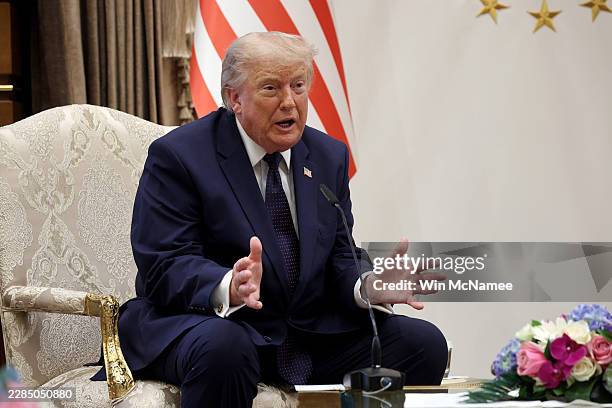 President Donald Trump gestures as he speaks during bilateral meeting at the Bestepe Presidential Compound, following Trump’s arrival to attend the...