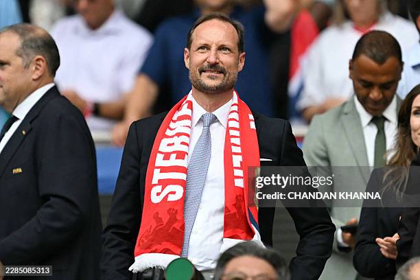 Norway's Crown Prince Haakon attends the 2026 World Cup football tournament quarter-final match between Norway and England at Miami Stadium in Miami...