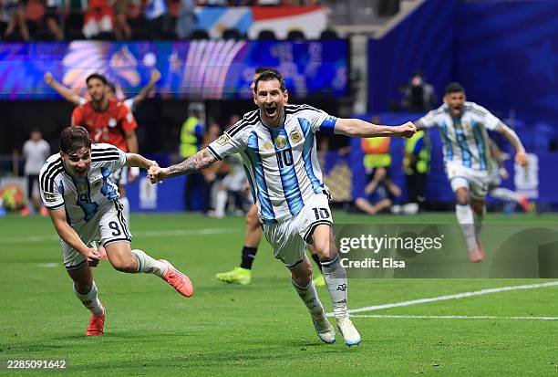 Lionel Messi of Argentina celebrates scoring his team's second goal during the FIFA World Cup 2026 Round of 16 match between Argentina and Egypt at...
