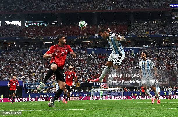 Enzo Fernandez of Argentina heads to score the team's third during the FIFA World Cup 2026 Round of 16 match between Argentina and Egypt at Atlanta...