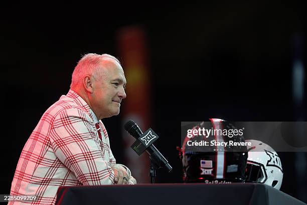 Head coach Joey McGuire of the Texas Tech Red Raiders speaks with the media during the Big 12 Media Days at The Ford Center at The Star on July 07,...