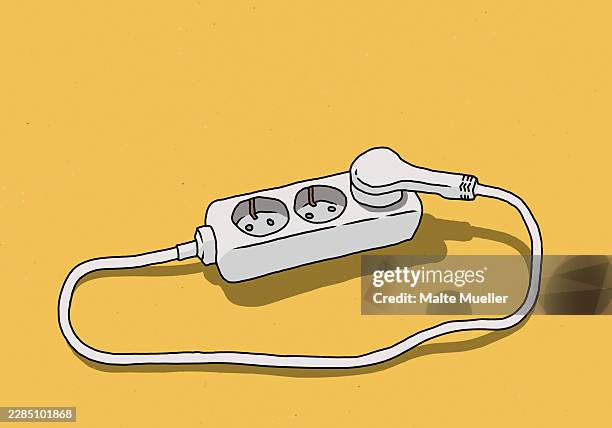 white power strip plugged into itself on yellow background - extension cord stock illustrations