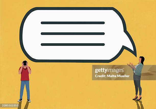 frustrated boy with head in hands below large speech bubble coming from talking mother - two teens talking stock illustrations