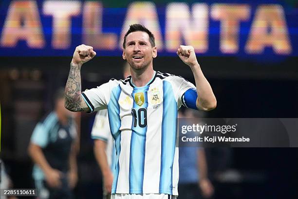 Lionel Messi of Argentina celebrates winning during the FIFA World Cup 2026 Round of 16 match between Argentina and Egypt at Atlanta Stadium on July...
