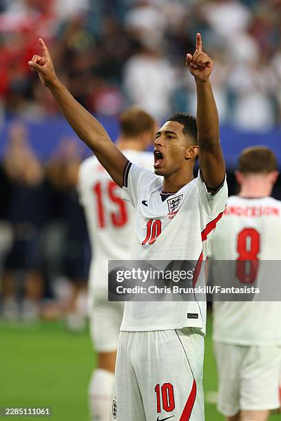 Jude Bellingham of England celebrates at the end of the FIFA World Cup 2026 Quarter Final match between Norway and England at Miami Stadium on July...