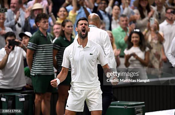 Novak Djokovic of Serbia celebrates victory against Felix Auger-Aliassime of Canada during their Gentlemen's Singles quarterfinal match on day nine...