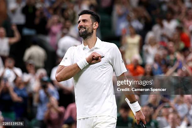 Novak Djokovic of Serbia celebrates victory against Felix Auger-Aliassime of Canada during their Gentlemen's Singles quarterfinal match on day nine...