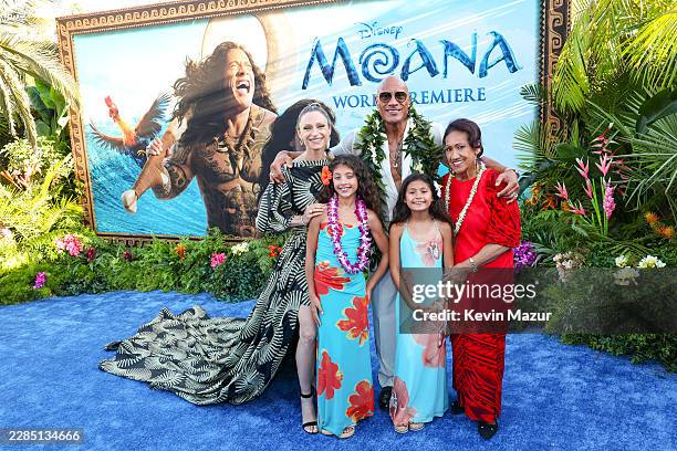 Lauren Hashian, Jasmine Johnson, Dwayne Johnson, Tiana Johnson and Ata Johnson attend the Moana World Premiere at Hollywood Bowl in Los Angeles,...
