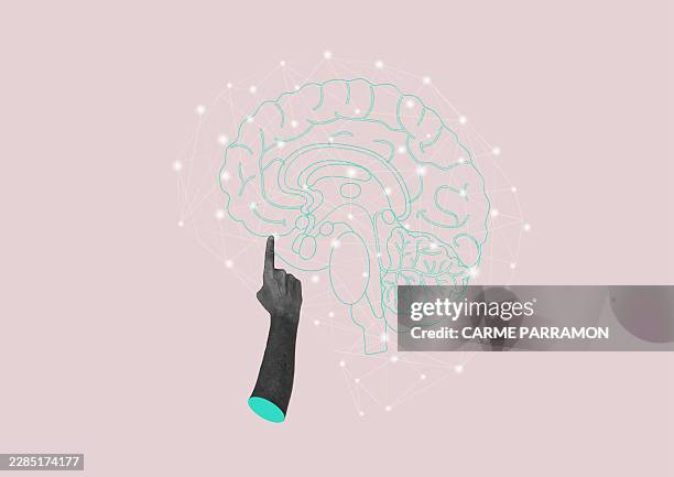 a hand that activates the innovation process within the human brain - hand reaching forward stock illustrations