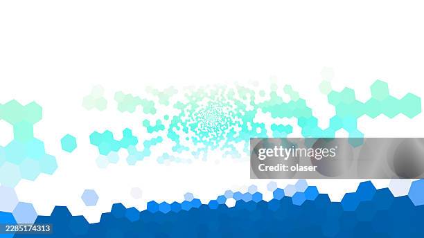 blue and turquoise hexagonal bokeh shapes form a scattered wave across a white background, with denser clusters near the bottom and a bright airy center. - white suit stock illustrations