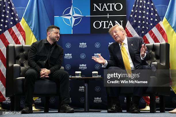 President Donald Trump meets with Volodymyr Zelenskyy, President of Ukraine for bilateral talks at Beştepe Presidential Compound during the NATO...