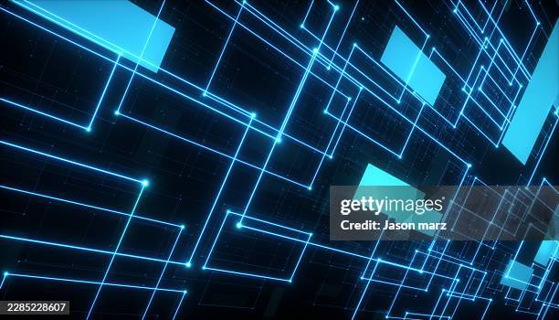 glowing digital circuit grid in dark technological space - myelinated axon stock pictures, royalty-free photos & images
