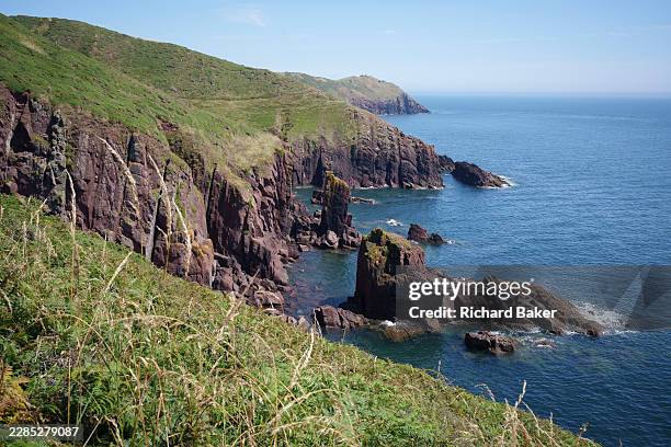 An aerial seascape view on the Pembrokeshire Coast Path, on 9th July 2026, in Manorbier, Pembrokeshire, Wales.