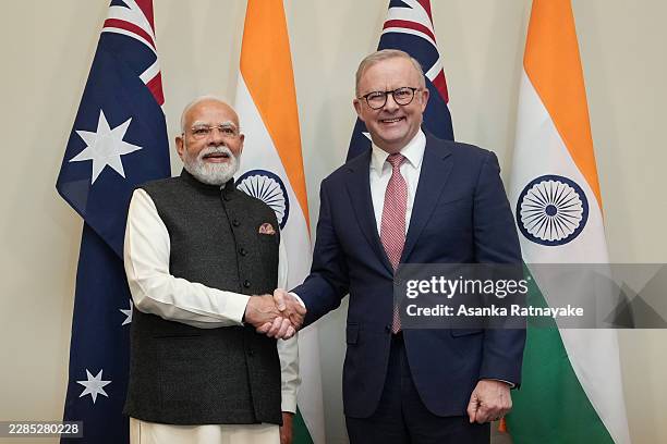 Australia's Prime Minister Anthony Albanese shakes hands with India's Prime Minister Narendra Modi at Sofitel Melbourne on July 09, 2026 in...