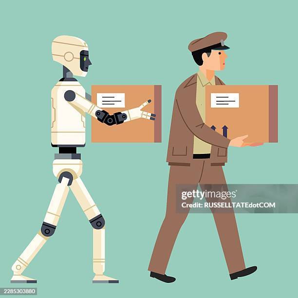 humanoid robot delivering package alongside traditional mailman or courier - warehouse robots stock illustrations