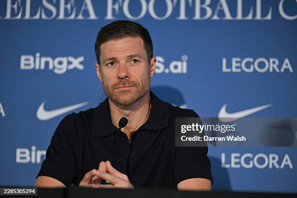 Manager Xabi Alonso of Chelsea during a press conference at Stamford Bridge on July 13, 2026 in London, United Kingdom.