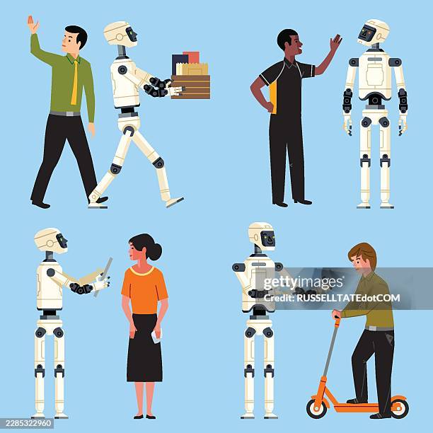 artificial intelligence robots interacting with people – set 2. artificial intelligence robots helping people in daily life flat vector illustration set - pre approved stock illustrations