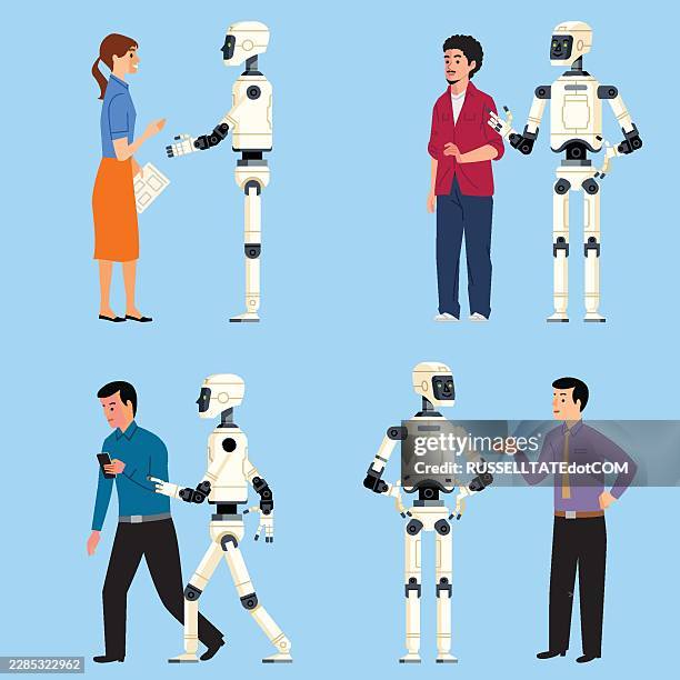 artificial intelligence robots interacting with people – set 1. artificial intelligence robots interacting with people in everyday situations flat vector illustration - pre approved stock illustrations
