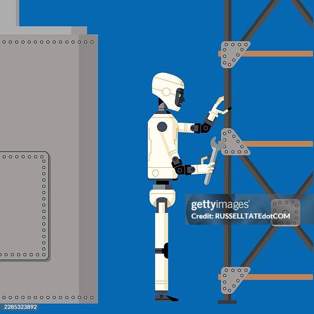 humanoid robot engineer inspecting structural framework illustration - efficient building stock illustrations
