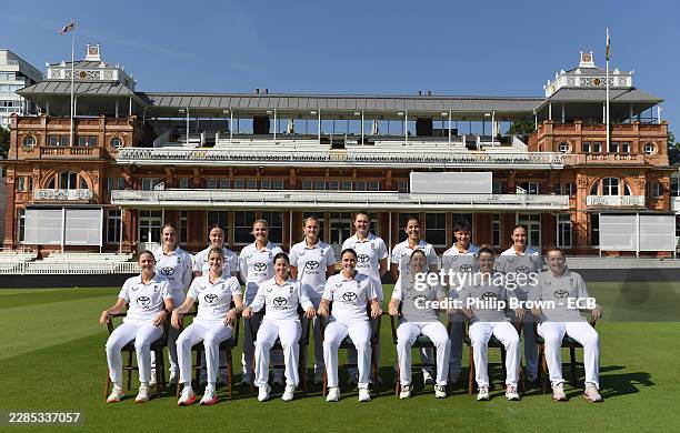 England captain Nat Sciver-Brunt and the England Women's Test squad pose for a team photograph in front of the Lord's Pavilion before an England...