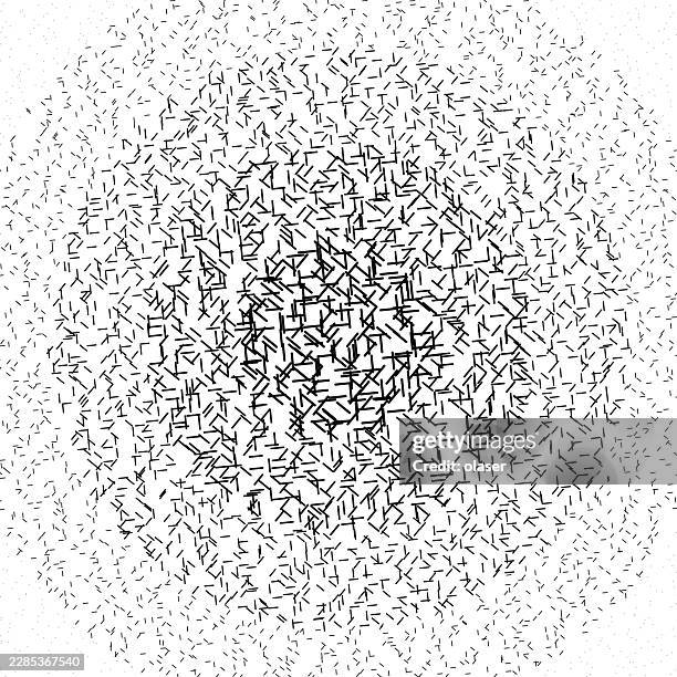 dense black dash marks cluster into a circular center on a white background, creating a textured monochrome composition with scattered specks and a soft radial spread. - contemporary dance stock illustrations
