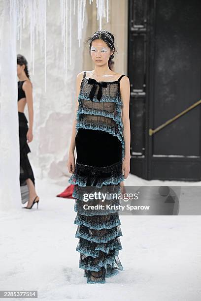Model walks the runway during the Celia Kritharioti Haute Couture Fall/Winter 2026/2027 show as part of Paris Fashion Week on July 09, 2026 in Paris,...