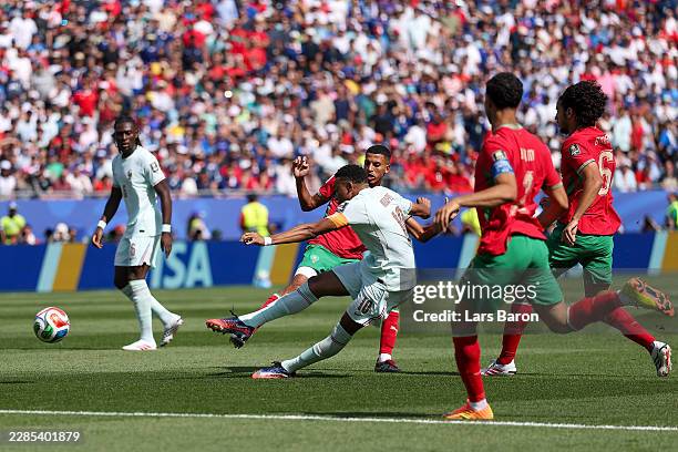 Kylian Mbappe of France shoots and misses a chance during the FIFA World Cup 2026 Quarter Final match between France and Morocco at Boston Stadium on...