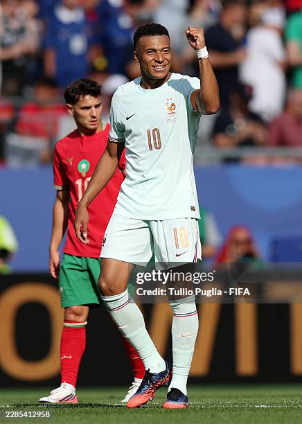 Kylian Mbappe of France celebrates scoring his team's first goal during the FIFA World Cup 2026 Quarter Final match between France and Morocco at...